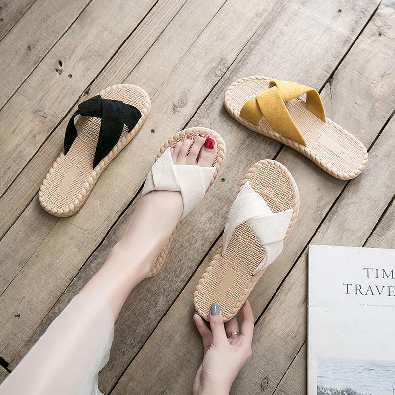 Summer Shoes Women Fashion Slides Slippers Ladies Cross Bandage Slipper for Women Linen Straw Slippers Non-slip Slide On