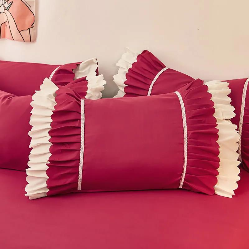 Korean Version of Cotton Bedding Lace Pillowcases A Pair of Single and Double Lotus Leaf Pillowcases Universal 48*74cm