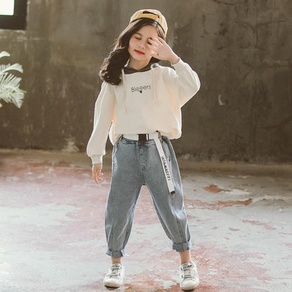 Fashion Children's Clothing Girls Pullover Hooded Sweater Jeans Two-piece Casual Spring and Autumn Loose Sports Suit