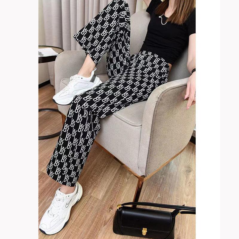Wide Leg Pants Women's High Waist Vertical Printed Pants Spring and Autumn Loose Thin All-match Straight Casual Trousers
