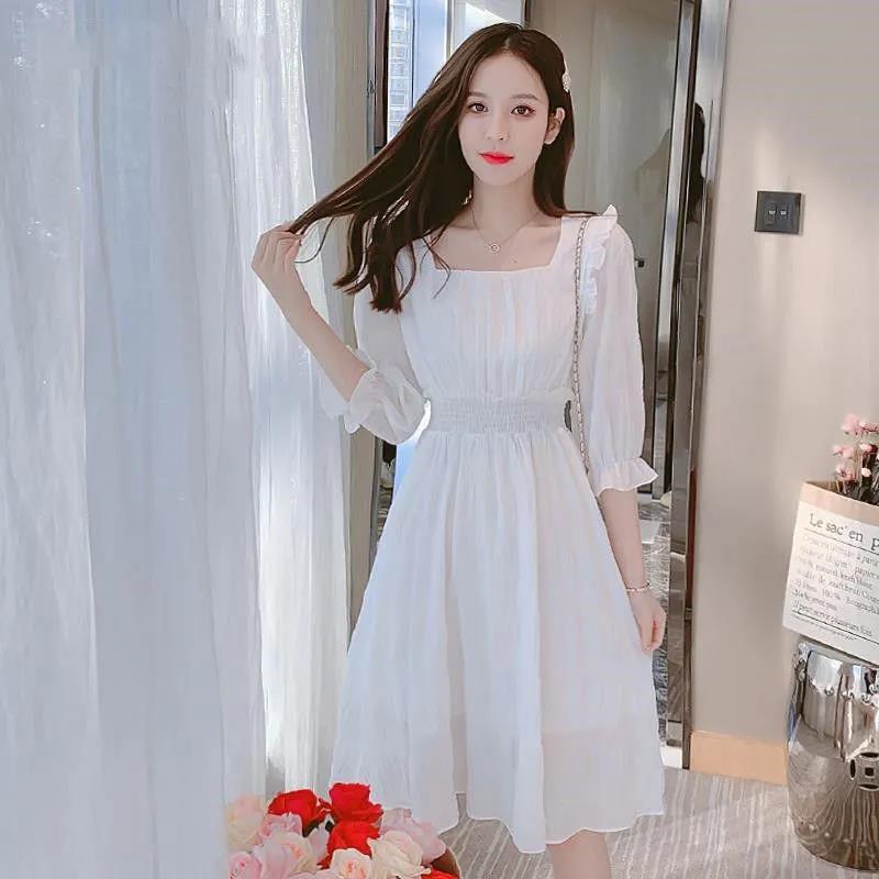 Women's Summer Dress Square Neck Slim Puff Sleeve Solid Color Skirt