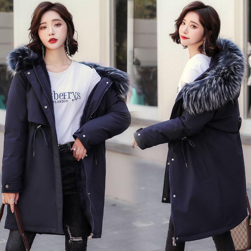Parkas Cotton Jacket Women's Mid-length Winter Korean Version of The Large Fur Collar Loose Large Size Plus Velvet Ins Style