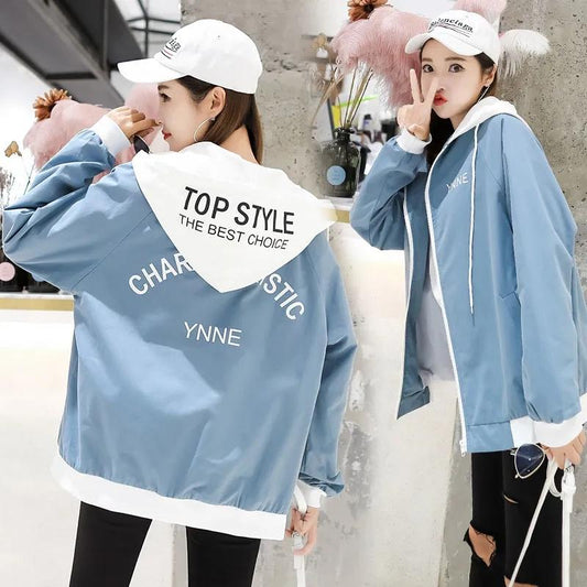Spring and Autumn Short Hooded Jacket Womens' Letter Printed Double Lining Loose Thin Jacket Cardigan Top Double Layer Lining