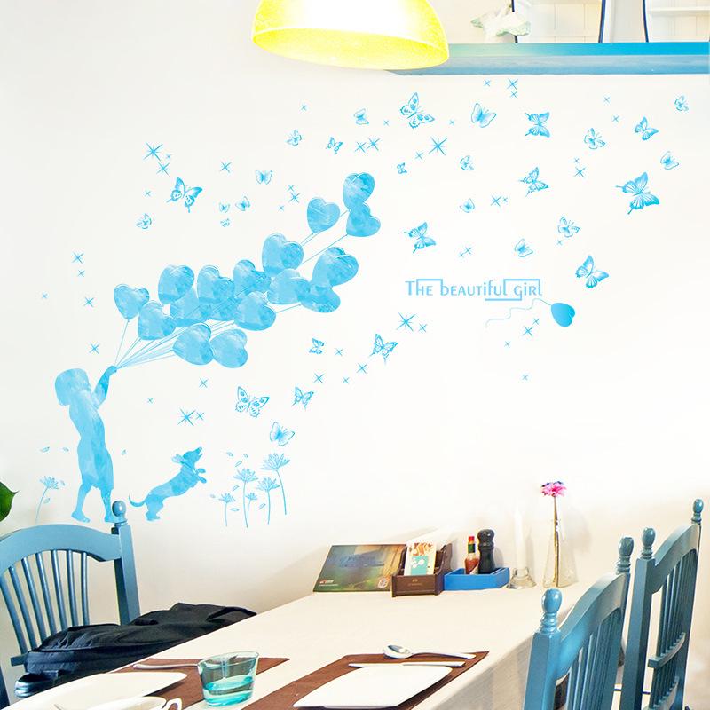 [Love balloon girl] wall stickers removable PVC transparent film blue love wallpaper