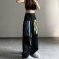 Colored Letters Embroidered Printed Jeans Female Autumn High Waist Straight Student Loose Wide Legs