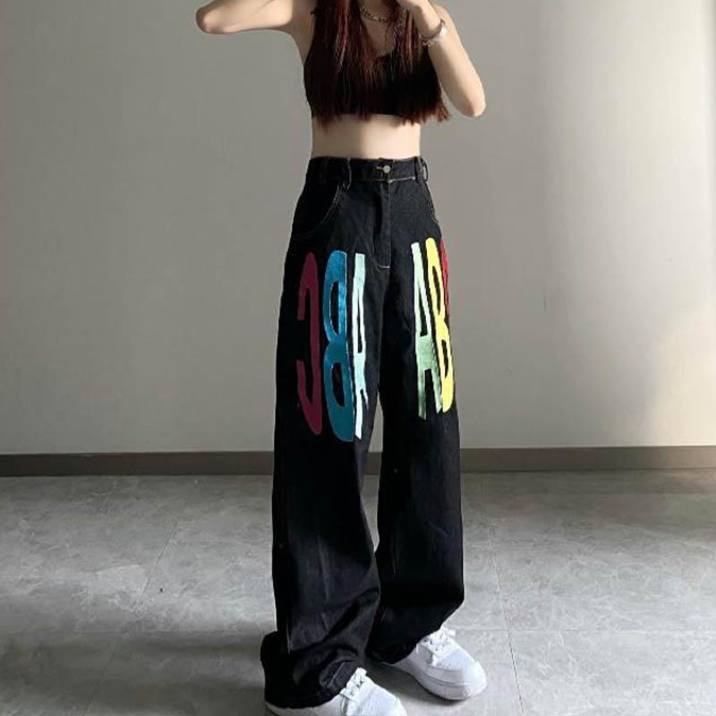 Colored Letters Embroidered Printed Jeans Female Autumn High Waist Straight Student Loose Wide Legs
