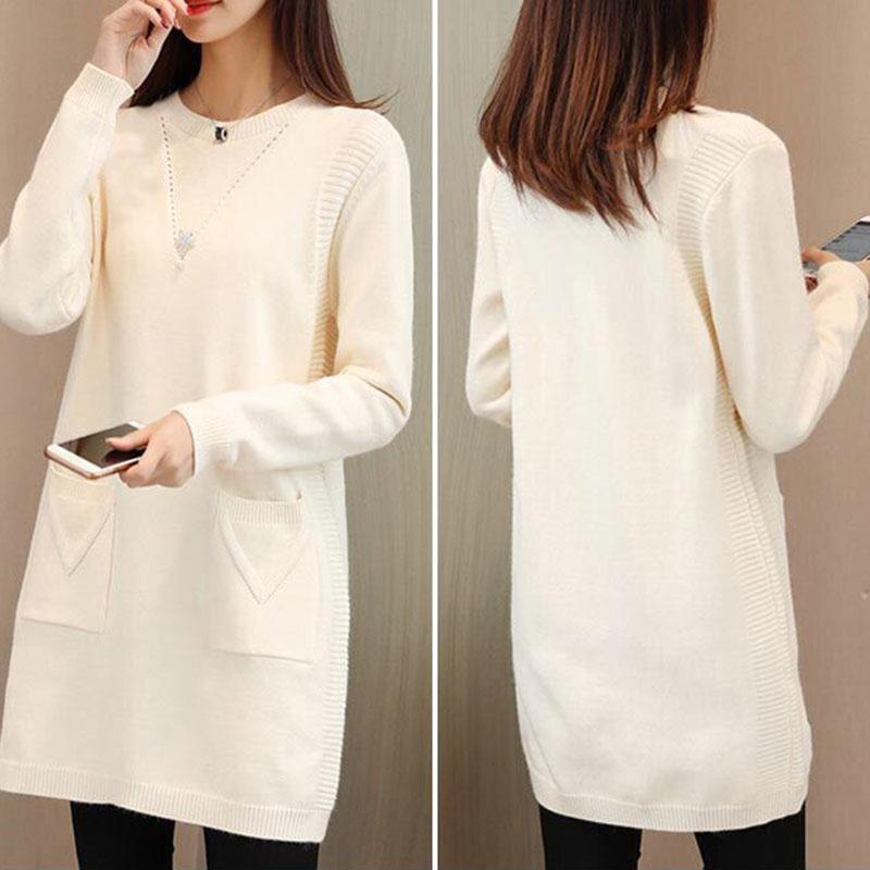 Women's Mid-length Knit Sweater  dress Winter Loose Round Neck Pullover Sweater Thick Knitwear Skirt with Pockets