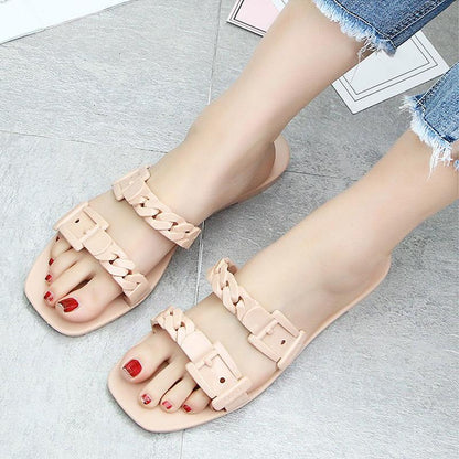 Slippers Ladies Summer Fashion Outer Wear Plastic Sandals and Slippers Flat Chain Slippers Square Toe Net Red Shoes