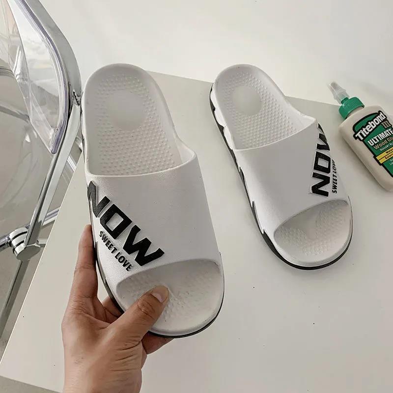 Man's Summer Slippers Anti-slip Indoor Bathroom Flat Slippers Female Soft Sole Letter Print Solid Slippers