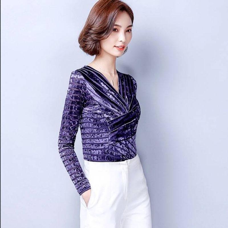 Autumn Winter Plus Velvet Pullover Long-sleeve V-neck Velvet Blouse Slim Plus Size  Sweater Women