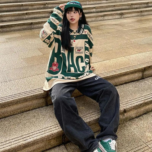 Hip Hop Hoodies Oversized Fashion Streetwear Harajuku Pullover Sweatshirts Letter Printed Vintage Long Sleeve Tops Autumn Winter Women Hoodies