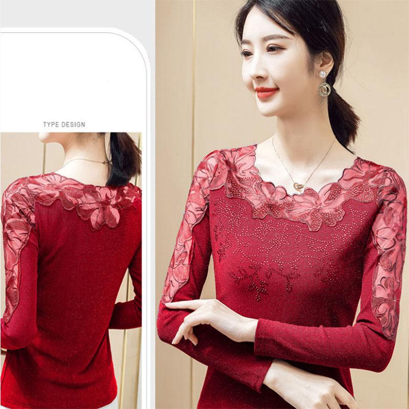 Large Size Women's Lace Shirt Long Sleeves Outer Wear Hollow Thin Inner Mesh Bottoming Shirt