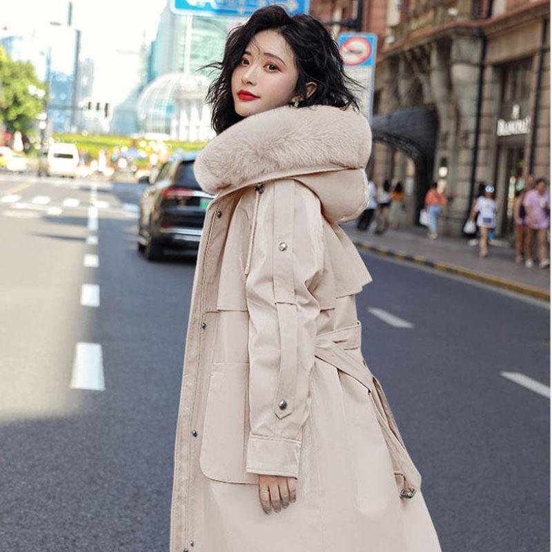 Winter Women's Parka Coat with Hood and Large Fur Collar Coat Plus Velvet Padded Padded Mid-length Over-the-knee Parka Coat