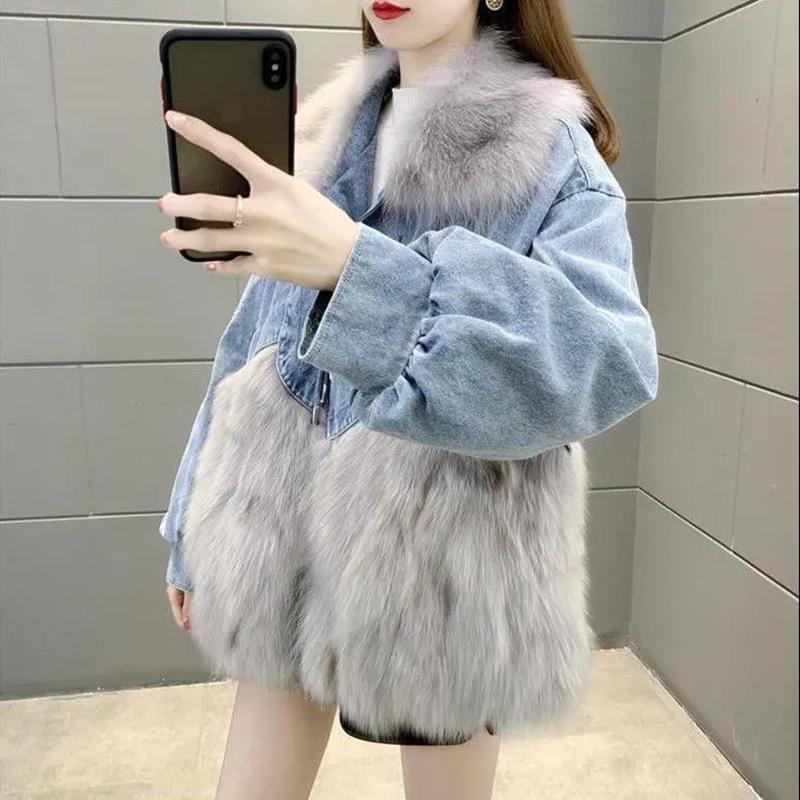 Denim Parker Women's Short Fur Faux Fox Fur Coat Coat Winter Women's Warm Loose Denim Jacket Winter Cotton Coat Comfortable