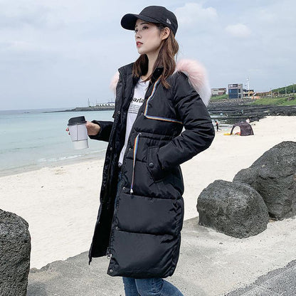 Ladies winter padded coat long over the knee fur collar hooded down padded jacket Slim thick warmth Parka Coat