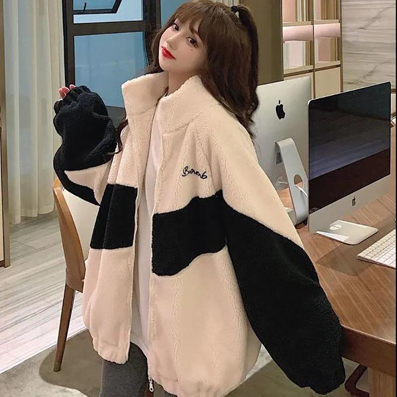 Autumn and Winter Stand-collar Lamb Velvet Jacket Winter Female Plus Velvet Thickening Student Campus Wind Casual Korean Jacket
