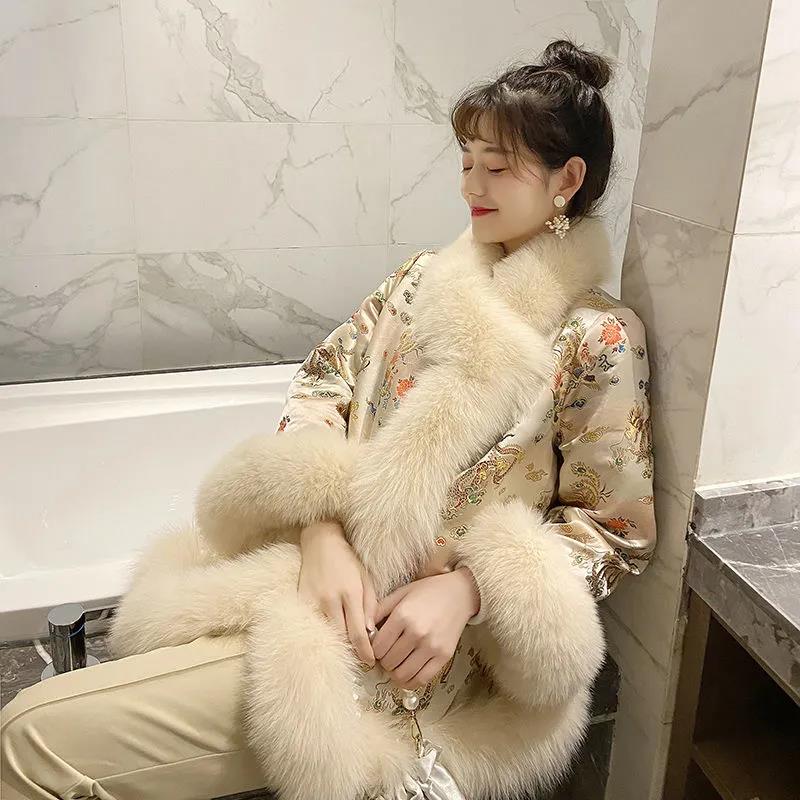 Fox Fur Coat Female Chinese Style Palace Satin Mid-length Beaded Tang Suit Cloak