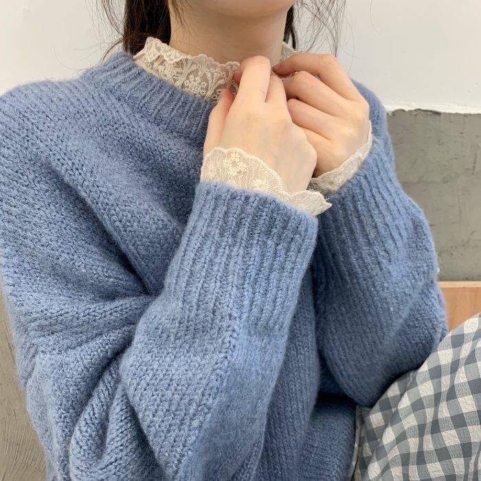 Pofulove loose candy-colored round neck sweater women's hedging long-sleeved wild college style bottoming shirt