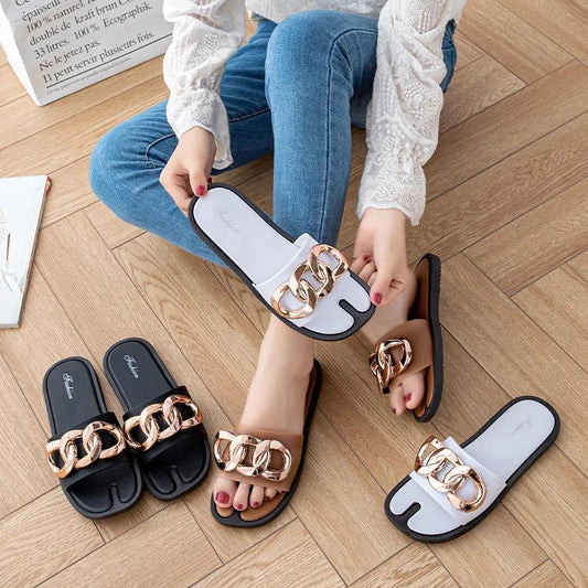 Slippers Women Summer Outing Fashion Gold Chain Sandals and Slippers Outer Wear Western Style Thick Soles
