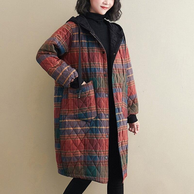Women Vintage Winter Parkas Plaid Button Coats Pockets Korean Style Parkas