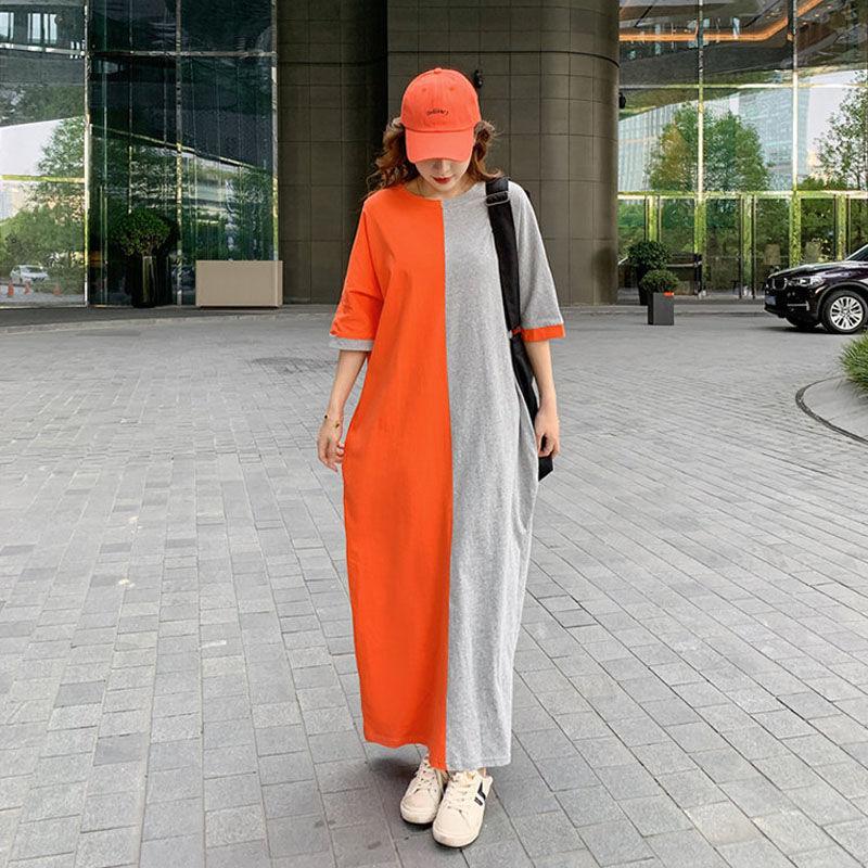Oversized Women's Cotton Loose Stitching Color Women's Summer Dress Short Sleeve Long Over The Knee Dress