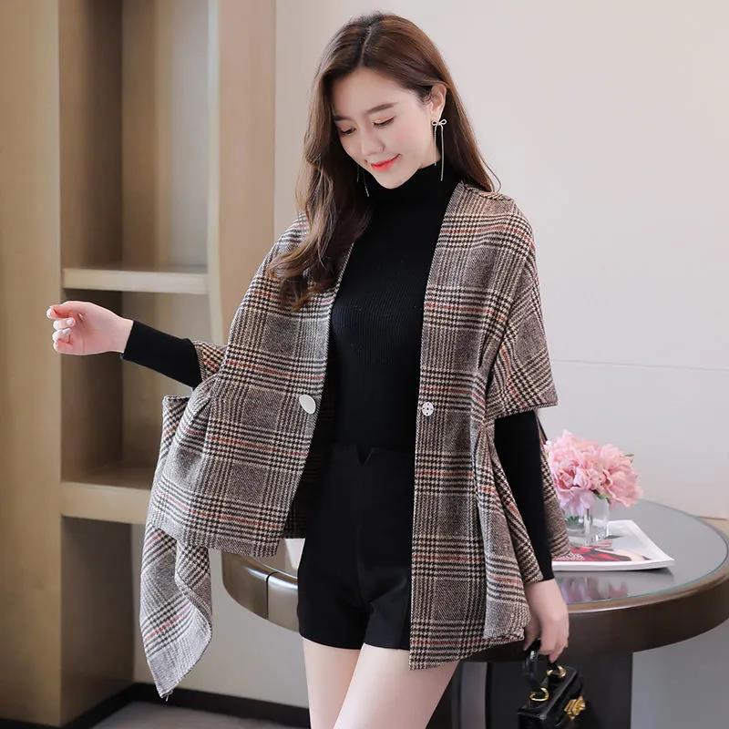 Plaid Shawl Cloak Spring and Autumn Women's Double-sided Woolen Coat British Style Retro Temperament Asymmetric