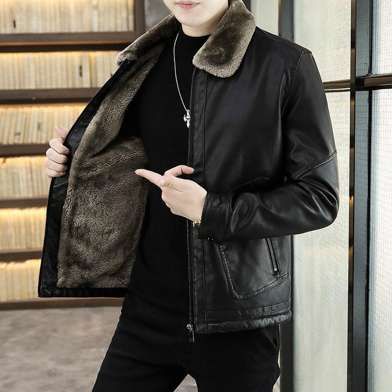 Leather Jacket Men's Winter Green Middle-aged Plus Velvet Thickening Men's Leather Jacket Jacket Fur One Parker Men's Clothing