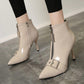 Female Autumn and Winter High Heels PU Upper Metal Decoration Pure Color Stiletto Pointed Toe Boots