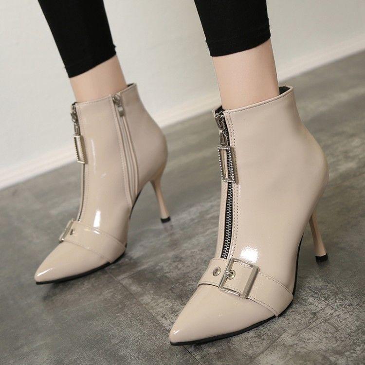 Female Autumn and Winter High Heels PU Upper Metal Decoration Pure Color Stiletto Pointed Toe Boots