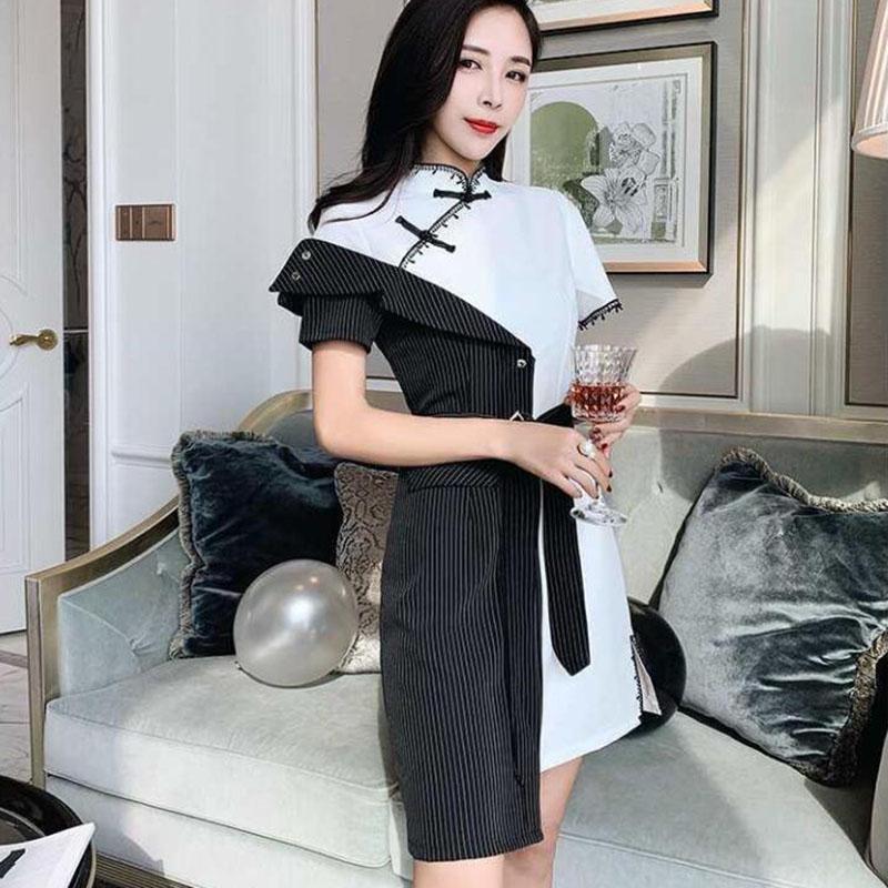 Pofulove Improved Cheongsam Dress Summer Women's Plus Size Dress Striped Irregular Dress Elegant
