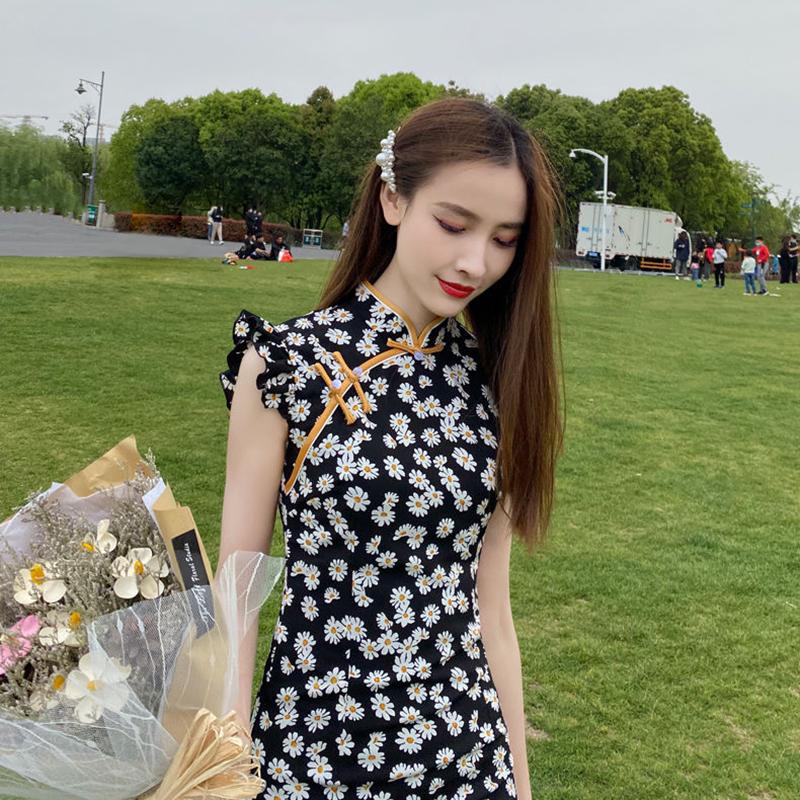 Little Daisy Cheongsam Improved Dress Short Floral Sexy Small Young Girl Daily Wear