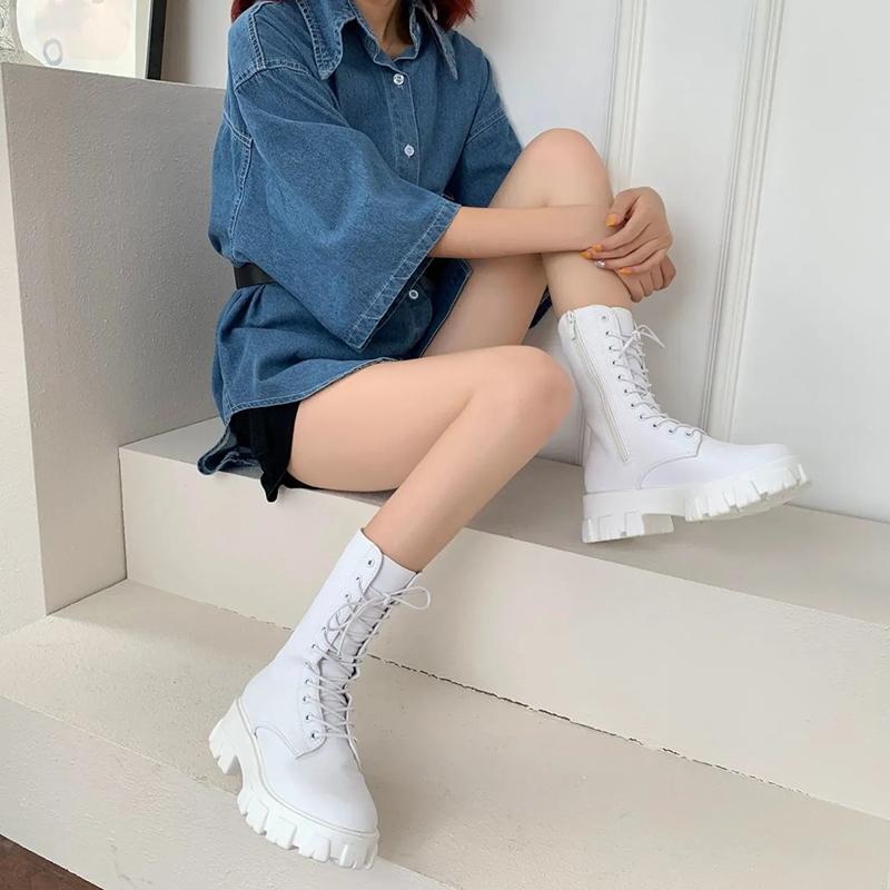 Platform Boots Women Shoes White Black PU Leather Booties Warm Ankle Boots Lace Up Combat Boots Flat Punk Goth Winter Autumn