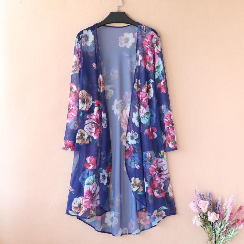 Women's Sun-Dress 1pcs Chiffon Cardigan Flowers Sun Protection Clothing Mid-length Plus Size Loose Outer Thin Coat Beach Air-conditioned Rooms