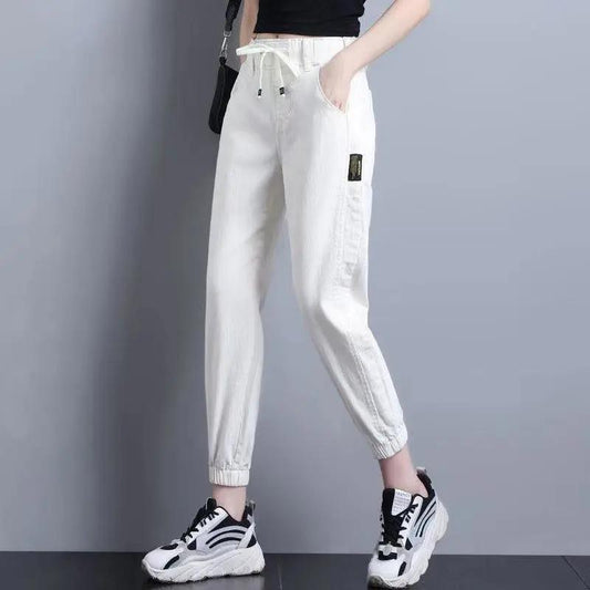 Loose Waist Lacing Jeans Women's Spring and Autumn Korean Style Thin Elastic Waist Tight Leggings Ninth Harem Pants