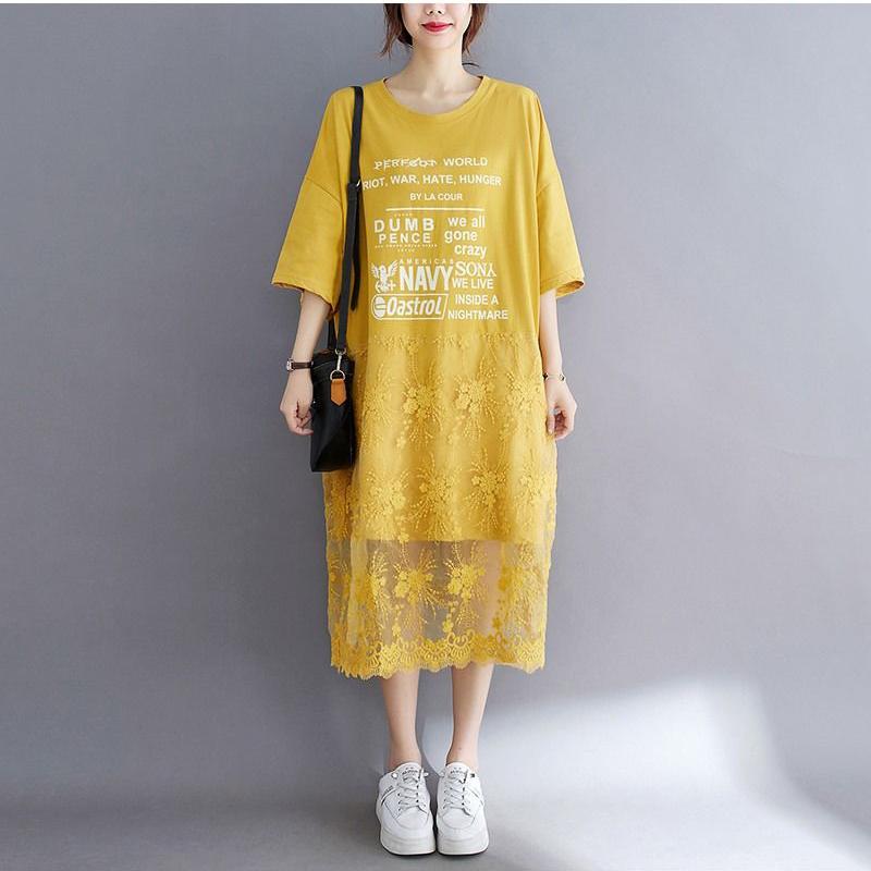WTEMPO Plus Size Women Dress Summer Lace Round Neck Long Dress Casual Mid-calf Length