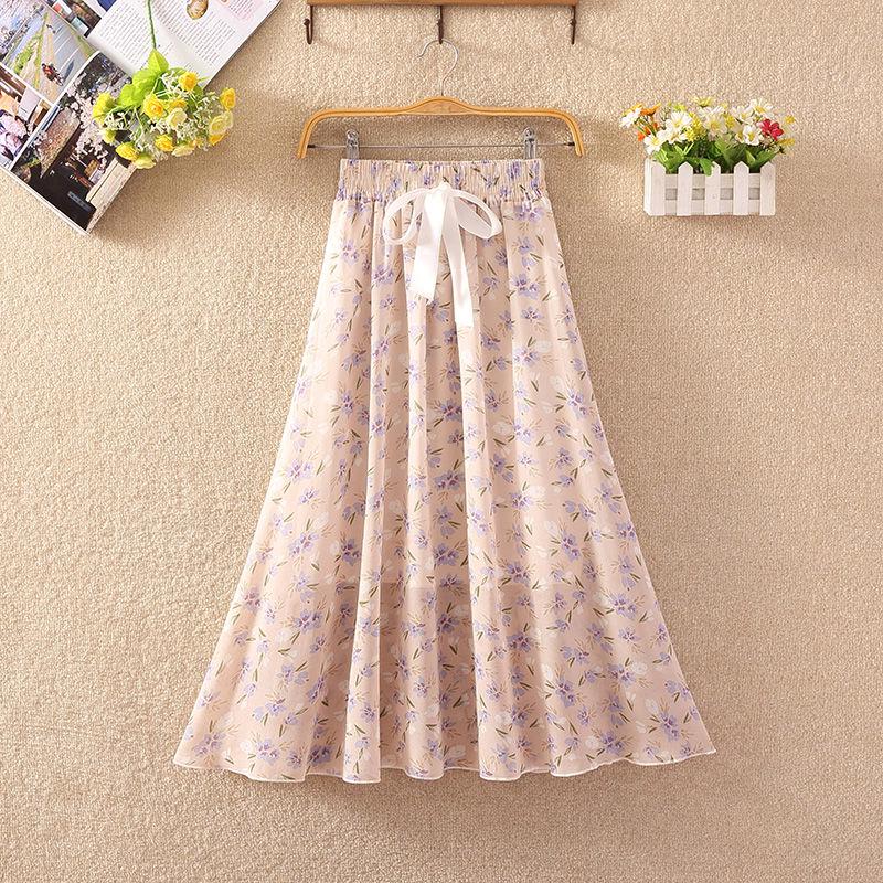 Summer High Waist Chiffon Women Midi Skirts Casual Floral Print Female Skirt Maxi Beach Skirt