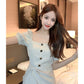 High-end Fabric Puff-sleeved Slit Dress  Square Collar  Open Back, Long-sleeved Waist  Slit Suit Skirt