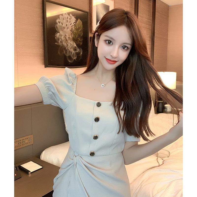 High-end Fabric Puff-sleeved Slit Dress  Square Collar  Open Back, Long-sleeved Waist  Slit Suit Skirt