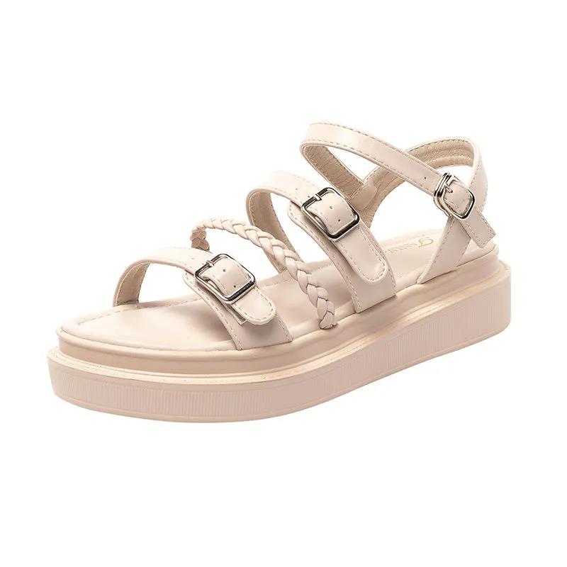 Thick-soled Sandals Women's Summer All-match Flat-bottomed Roman Shoes with A Word Buckle Simple Non-slip Thick-soled Sandals