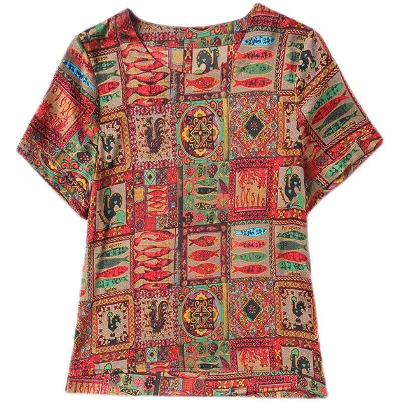 Summer New Middle-aged Mothers Wear Short-sleeved Ice Silk T-shirt Female Printing Ethnic Style Large Size Bottoming Shirt Top