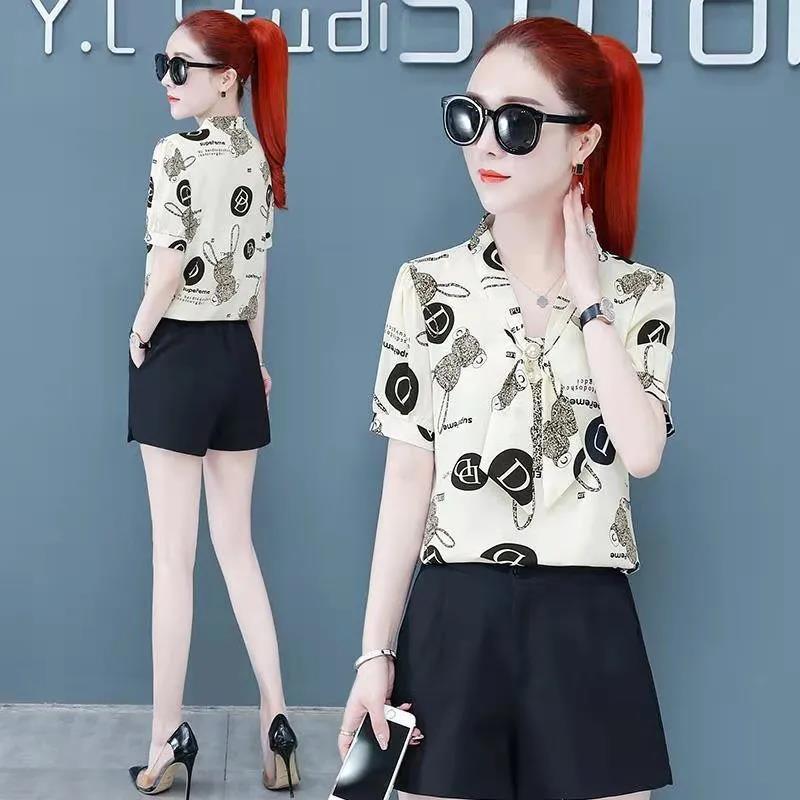 Short-sleeved Chiffon Shirt Ladies Temperament Shirt Summer Top Women's Small Shirt V-neck Neckline Tie Bowknot Fabric Light and Breathable