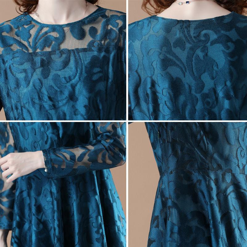 Large Size Lace Long-sleeved Dress Female Spring Summer Thin Hollow A-line Skirt All-match Dinner Dress