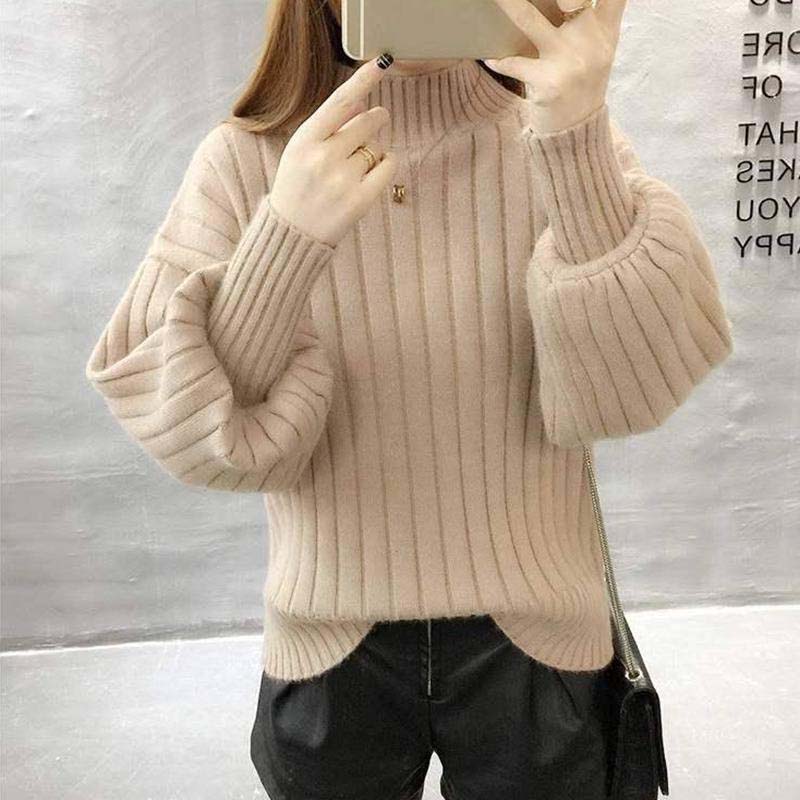 Winter Women Puff Sleeve Half Turtleneck Pullover Sweater Slim Sexy Soft Knitt Sweatshirts