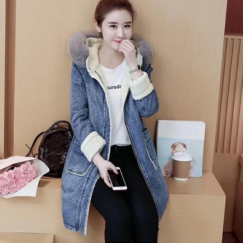 Womens Long Thick Fur Collar Hooded Down Jacket loose Winter Warm Jeans Coat Women Parkas ladies