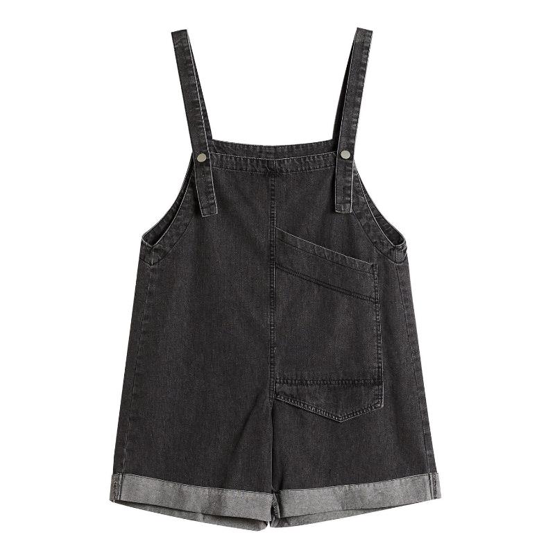 Wide-leg Denim Overalls on Both Sides Summer Female Students Loose Age-reducing Big Pocket Sling Jumpsuit Shorts Tide
