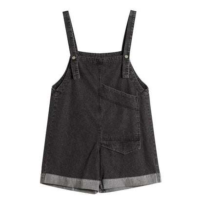 Wide-leg Denim Overalls on Both Sides Summer Female Students Loose Age-reducing Big Pocket Sling Jumpsuit Shorts Tide