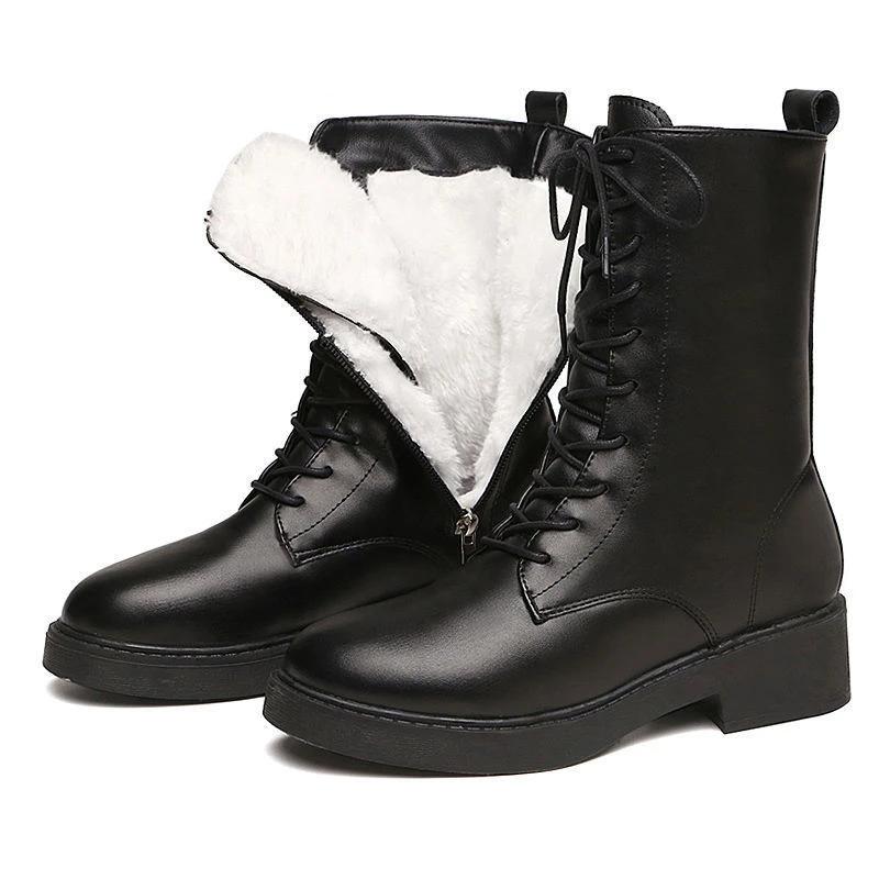 Women's Boots Winter Shoes Black Leather Fur Boots Plush Warm Ankle Booties Platform Chunky Boots Fashion Designer