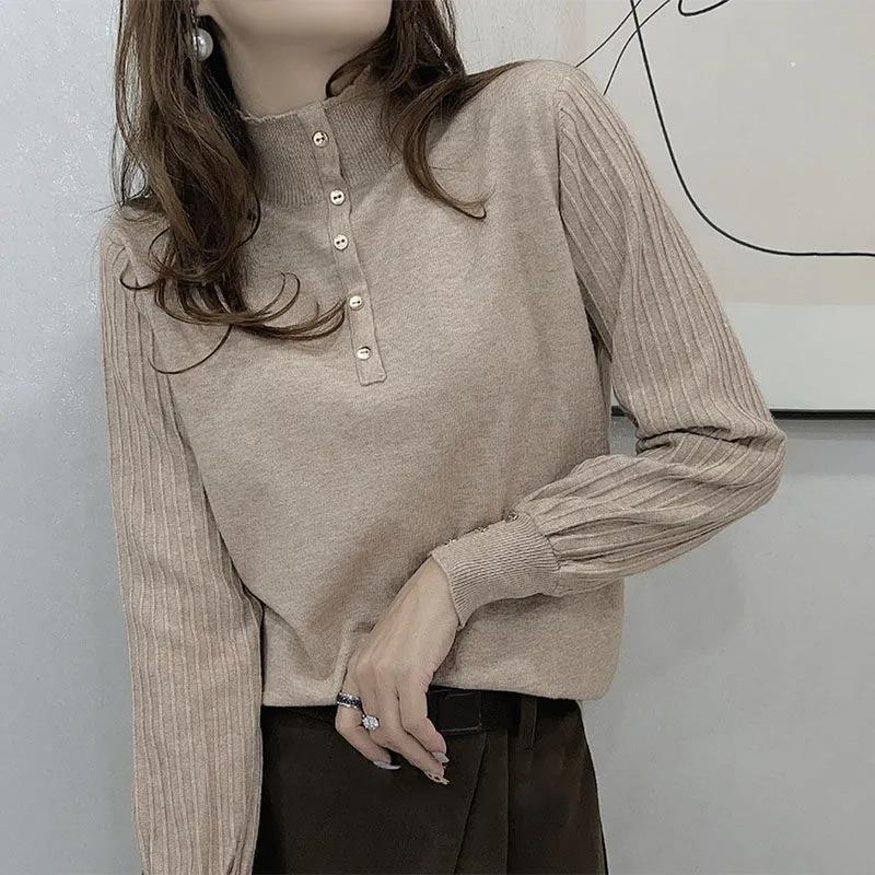 Half Turtleneck Long Sleeve Knitted Sweater Loose Large Size Sweater Fashion Button Solid Color Bottoming Shirt for Women