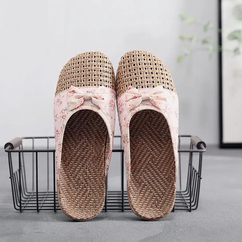 Summer Subgrass Woven Sandals and Slippers Ladies Linen Slippers Home Indoor Non-slip Floor Thick Bottom