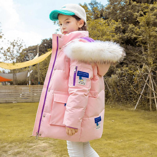 Girls Mid-length Warm Down Jacket Korean Version of Thick and Velvet Windproof Winter Jacket